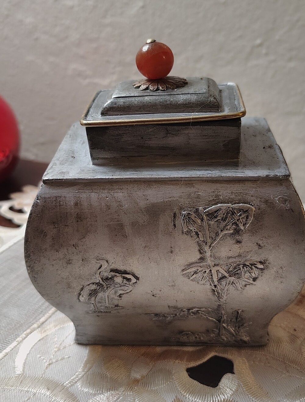 Antique Chinese Pewter Tea Caddy Carnelian Stone Lid Knob Signed Qing Republic